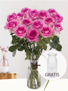 Roze rozenboeket met panicum + gratis glasvaas